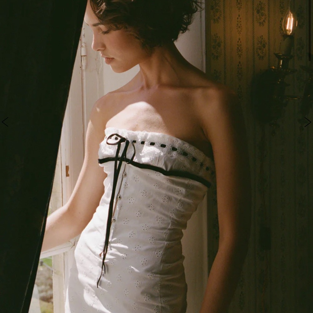 With Jean Sabrin Dress | White Embroidery  Strapless Dress with Black Accents
